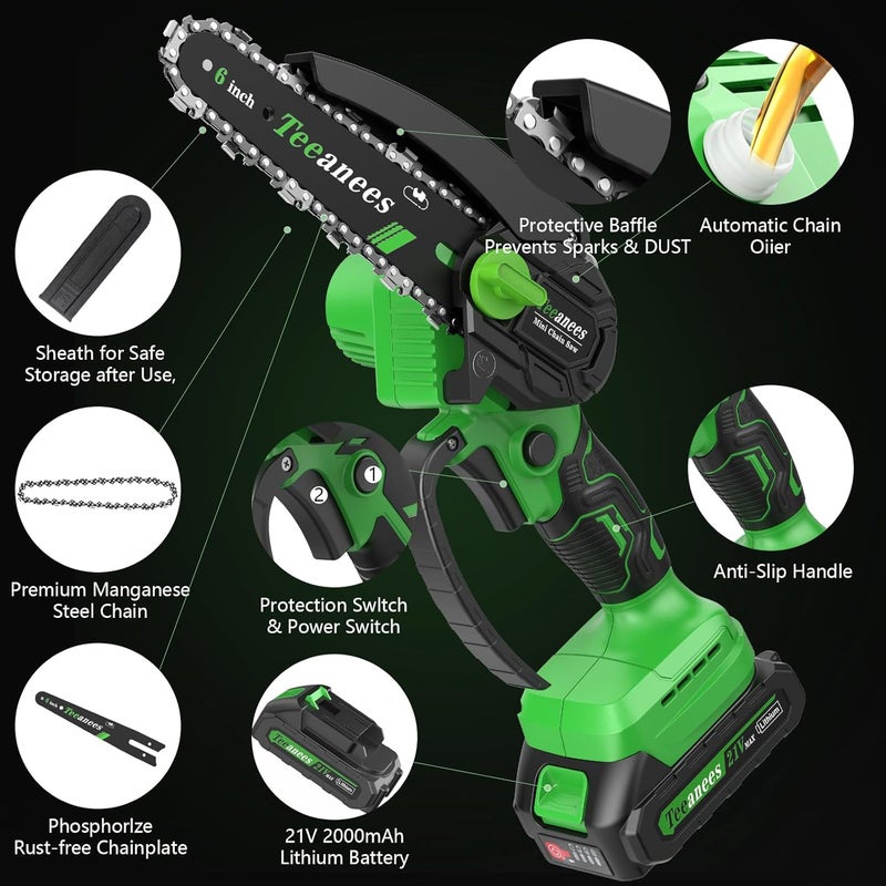 ANEES Small Hand Held Chainsaw 6 Inch,Mini Chainsaw Cordless, Battery Powered for Wood Cutting, Tree Trimming, Garden & Household Use Stocking Stuffers Gift for Men Dad Husband(2 Batteries) - Image 5